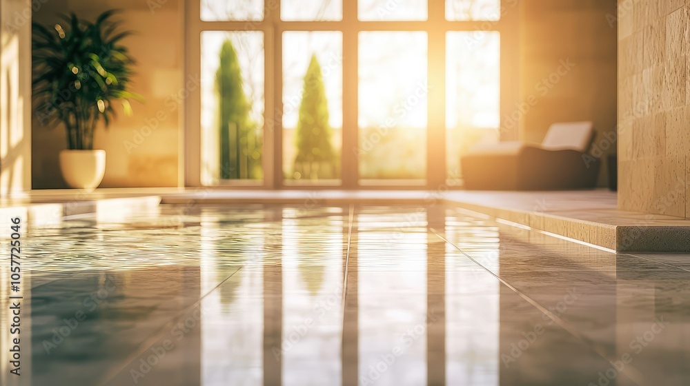 Serene Empty Square Floor with Sunlight Reflection Serene Empty Square Floor with Sunlight Reflection