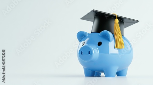 A blue piggy bank wearing a graduation hat symbolizes saving for education and celebrates academic achievement in a minimalist setting
