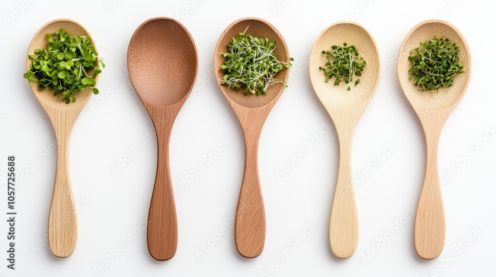 Elegant wooden spoons display vibrant microgreens on a clean white background in an artistic flat lay arrangement Elegant wooden spoons display vibrant microgreens on a clean white background in an artistic flat lay arrangement