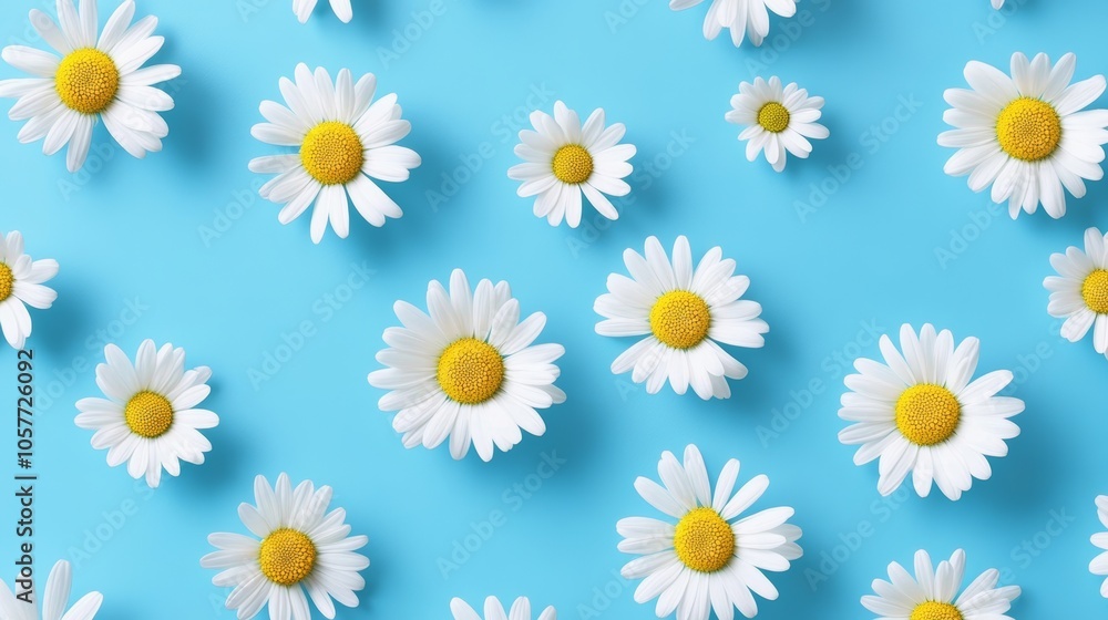 White daisy flowers pattern on a light blue background creating a delicate floral arrangement White daisy flowers pattern on a light blue background creating a delicate floral arrangement