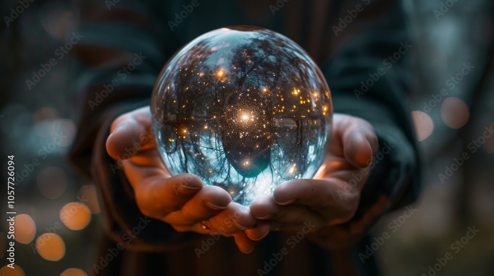 Fototapeta premium Hands Holding a Reflective Glass Sphere with Lights