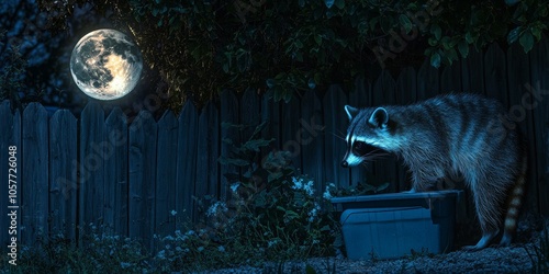 Raccoon Rummaging Through a Bin in a Nighttime Backyard Scene photo