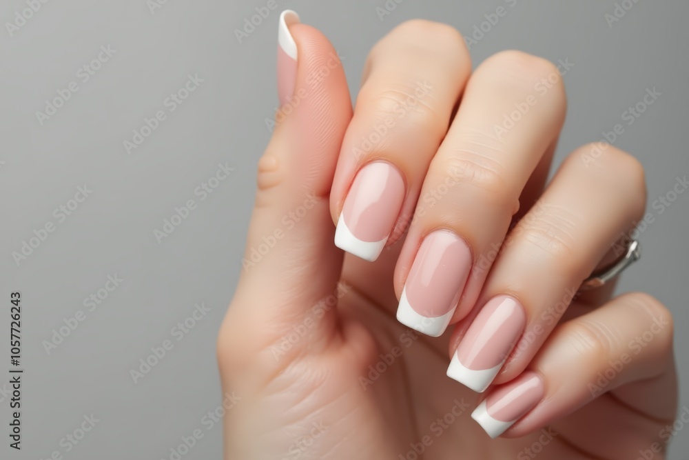 Elegant french manicure on woman's hand for nail art and beauty inspiration. Elegant french manicure on woman's hand for nail art and beauty inspiration.