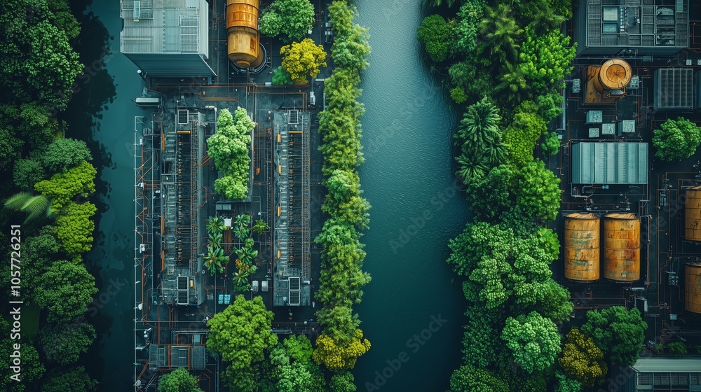 Fototapeta premium A harmonious aerial view showcasing green urban areas, a serene river, and industrial structures in a vibrant cityscape.