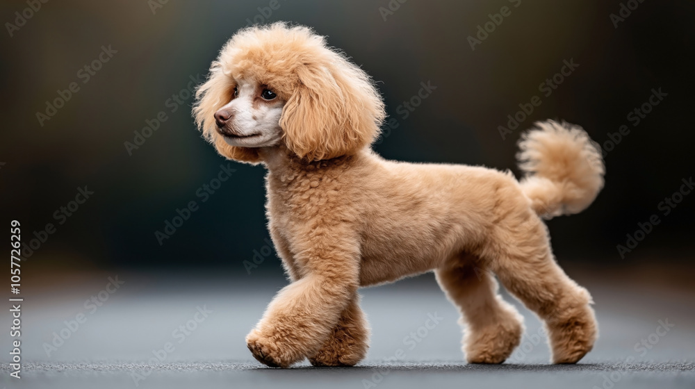 Cute apricot poodle walking confidently against a blurred dark background, showcasing its fluffy curly coat and graceful posture. Cute apricot poodle walking confidently against a blurred dark background, showcasing its fluffy curly coat and graceful posture.