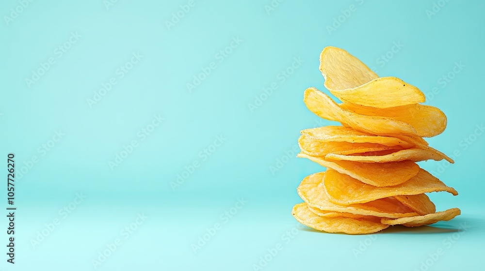 A delightful stack of golden potato chips set against a playful pastel background, perfect for any snack lover's craving A delightful stack of golden potato chips set against a playful pastel background, perfect for any snack lover's craving