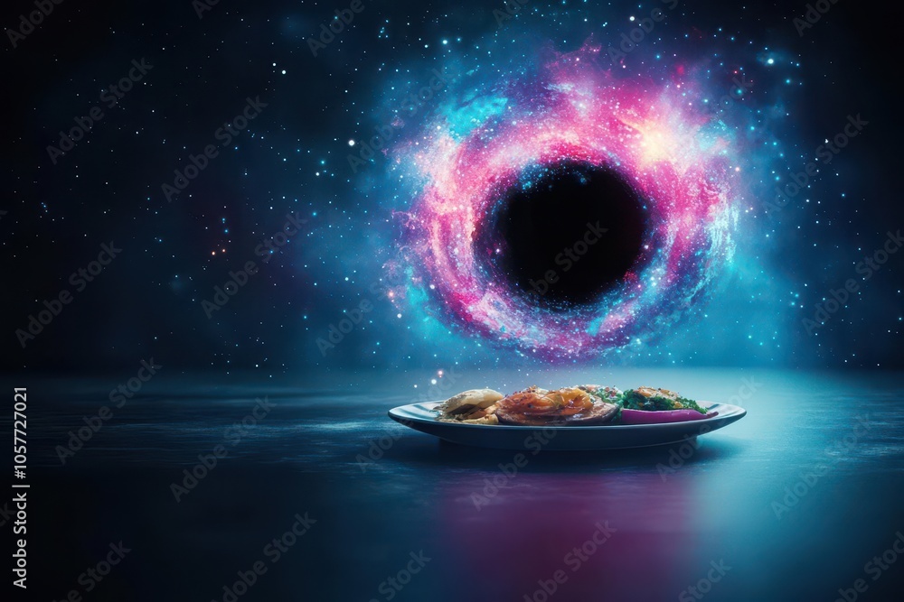 Starvation depicted as a black hole devouring a plate of food, abstract ...