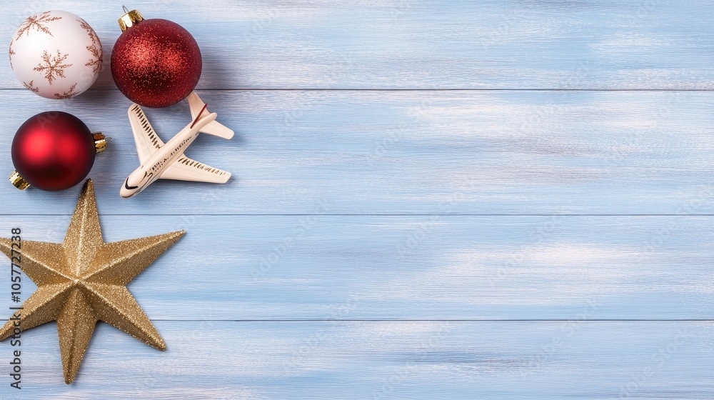 Festive red Christmas ornaments, a golden star, and a toy airplane creating a joyful holiday atmosphere on a blue wooden table Festive red Christmas ornaments, a golden star, and a toy airplane creating a joyful holiday atmosphere on a blue wooden table