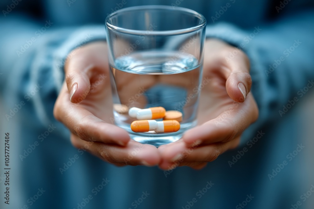 Healthcare Harmony: Close-Up Hands Holding Medication and Water Glass for Optimal Wellness, Pharmaceutical Treatment and mental health treatment, Generative AI Healthcare Harmony: Close-Up Hands Holding Medication and Water Glass for Optimal Wellness, Pharmaceutical Treatment and mental health treatment, Generative AI