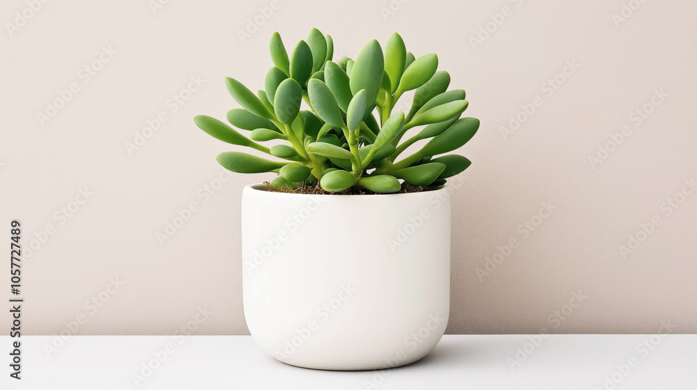 Close-up of a green succulent plant in a simple white ceramic pot against a neutral background. Close-up of a green succulent plant in a simple white ceramic pot against a neutral background.