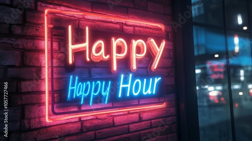 Neon "Happy Hour" sign glowing on a brick wall background. 