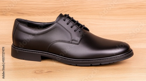 Elegant black shoes on polished wooden floor, close-up view showcasing male legs in tailored black trousers, ideal for fashion or lifestyle themes