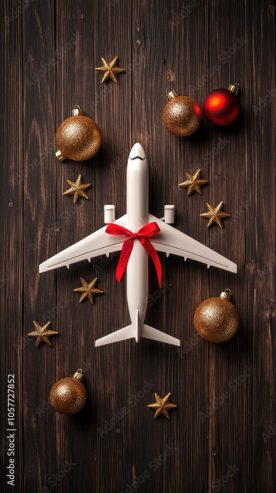 Joyful holiday celebration with a toy airplane decorated with a red ribbon and Christmas ornaments on a rustic wooden table Joyful holiday celebration with a toy airplane decorated with a red ribbon and Christmas ornaments on a rustic wooden table