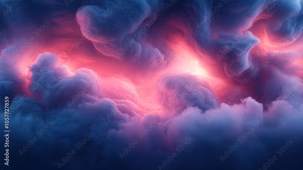 A swirling mass of pink and blue clouds with a fiery glow in the center. A swirling mass of pink and blue clouds with a fiery glow in the center.
