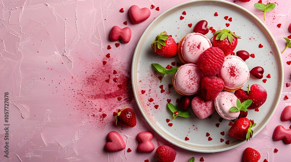 Heart-shaped pink sweets with strawberries and raspberries on a plate, set on pink textured background. Flat lay Valentine's Day composition for romantic and dessert design. Heart-shaped pink sweets with strawberries and raspberries on a plate, set on pink textured background. Flat lay Valentine's Day composition for romantic and dessert design.