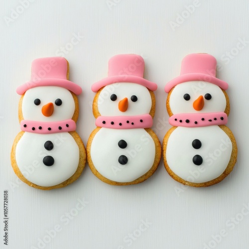 Cute snowman cookies decorated with pink hats and scarves, isolated on a white background.