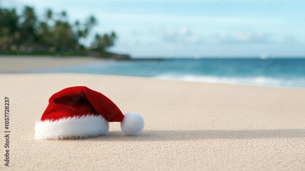 A tropical Christmas beach with palm trees, white sand, and a festive Santa hat inviting joyful summer holiday vibes A tropical Christmas beach with palm trees, white sand, and a festive Santa hat inviting joyful summer holiday vibes