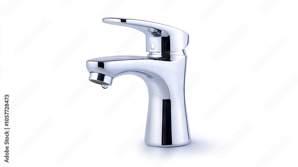 Modern chrome faucet with elegant water droplets cascading against a pristine white backdrop Modern chrome faucet with elegant water droplets cascading against a pristine white backdrop