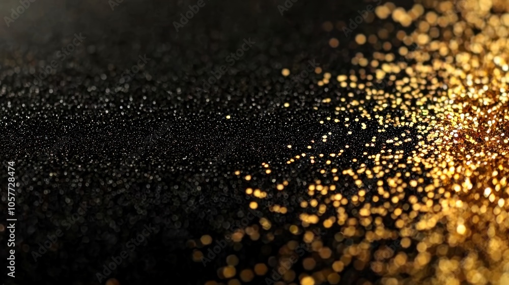 Golden glitter particles scattered on a dark surface, creating a sparkling effect. Golden glitter particles scattered on a dark surface, creating a sparkling effect.