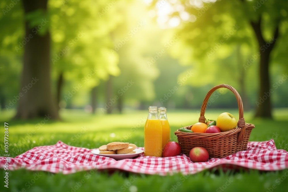 Serene summer picnic in sunlit park with basket of fruit and refreshing juice. Serene summer picnic in sunlit park with basket of fruit and refreshing juice.