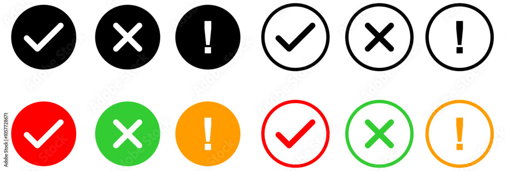 check mark icon button set. check box icon with right and wrong buttons and yes or no checkmark icons in green tick box and red cross. exclamation mark information icon. check mark icon button set. check box icon with right and wrong buttons and yes or no checkmark icons in green tick box and red cross. exclamation mark information icon.