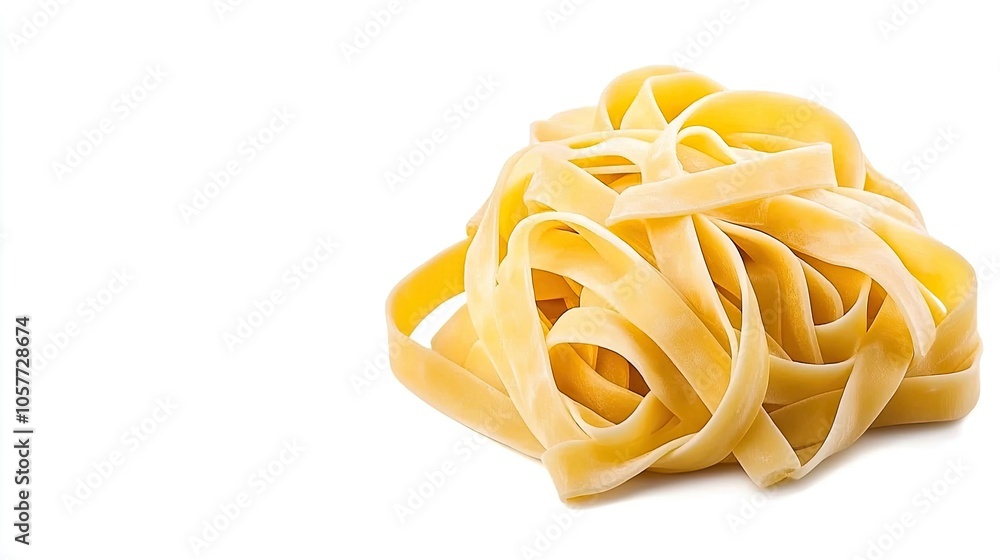 A beautiful tangled pile of fresh fettuccine pasta against a clean white background captured in stunning detail with a Canon EOS camera A beautiful tangled pile of fresh fettuccine pasta against a clean white background captured in stunning detail with a Canon EOS camera