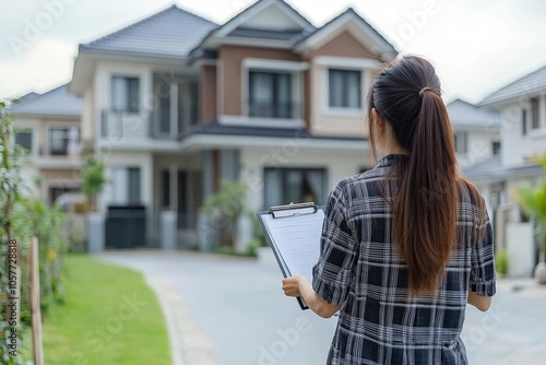 Asian inspector checking structure of new property and taking note in the clipboard for review and fix the house before sell to client, Generative AI