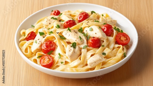 Delicious fettuccine pasta with chicken, cherry tomatoes, and fresh basil served on a wooden table in a rustic kitchen setting