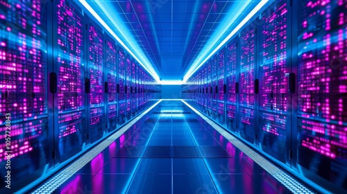 Futuristic Data Center with Illuminated Server Racks