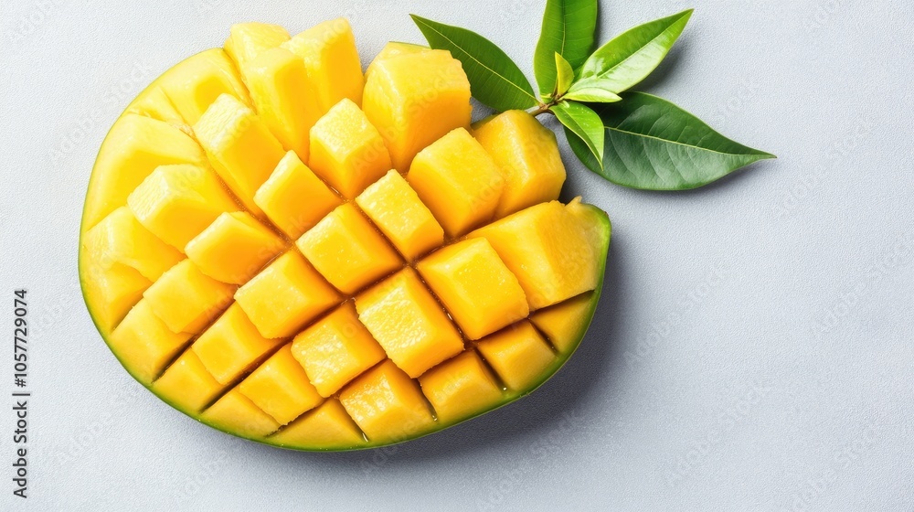 Freshly sliced mango displayed artistically on a minimal light grey background inviting a tropical culinary experience Freshly sliced mango displayed artistically on a minimal light grey background inviting a tropical culinary experience
