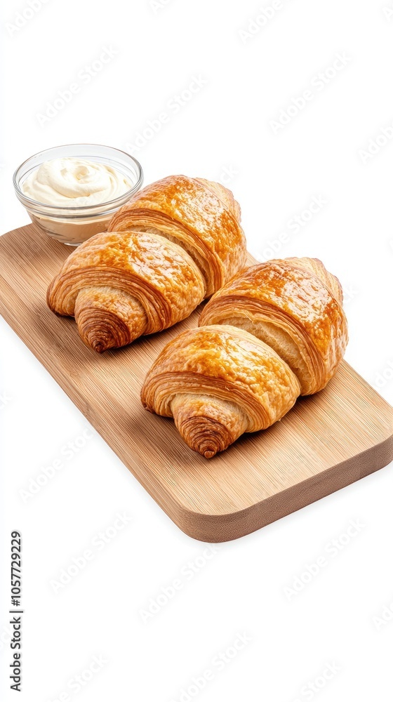 Delicious buttery croissants served with creamy filling on a rustic wooden board and white cloth backdrop Delicious buttery croissants served with creamy filling on a rustic wooden board and white cloth backdrop