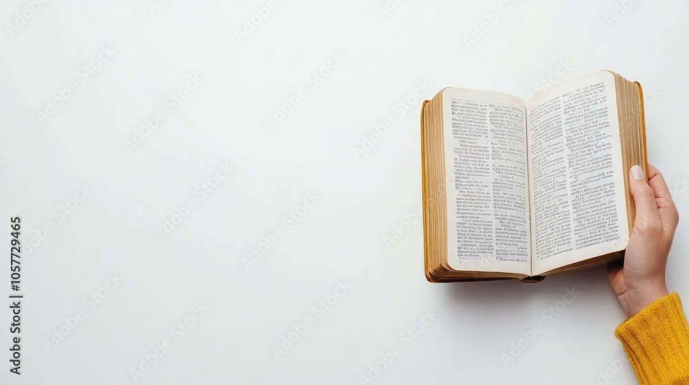 Obraz premium A woman's hand gracefully holds an open book under soft light, capturing the essence of reading against a serene white backdrop