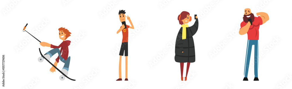 People Character Take Selfie Photo with Their Smartphone Camera Vector Set People Character Take Selfie Photo with Their Smartphone Camera Vector Set