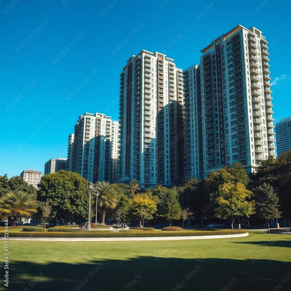 Cityscape behind a public park with blue sky background Condominium Cityscape behind a public park with blue sky background Condominium
