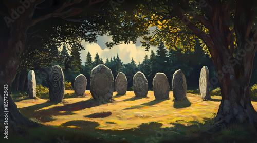 Ancient celtic druid grove with ancient stone circles. Celtic Druid Circle. Illustration