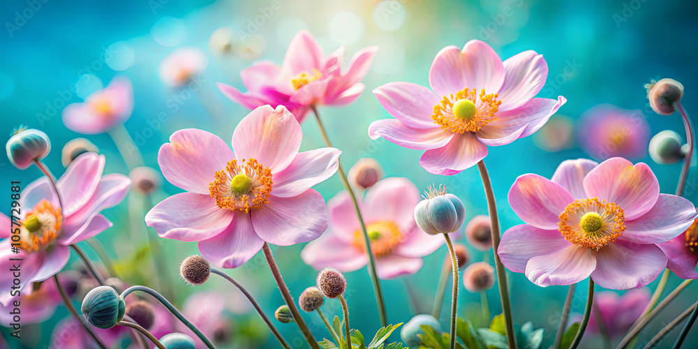 Delicate pink flowers bloom vibrantly against a soft gradient background of green and blue, showcasing the beauty of springtime in a flourishing garden setting Delicate pink flowers bloom vibrantly against a soft gradient background of green and blue, showcasing the beauty of springtime in a flourishing garden setting