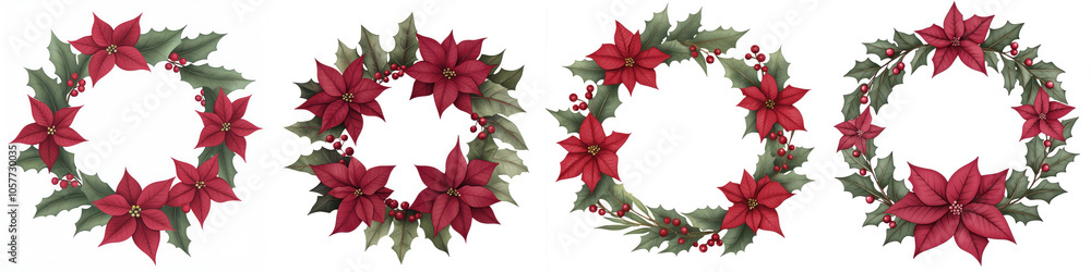 Four decorative poinsettia wreaths on a white isolated background. Four decorative poinsettia wreaths on a white isolated background.