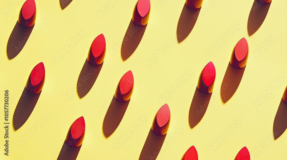 Flat lay of red lipsticks against a soft pastel yellow backdrop, adding a pop of color for beauty and makeup concepts. Flat lay of red lipsticks against a soft pastel yellow backdrop, adding a pop of color for beauty and makeup concepts.