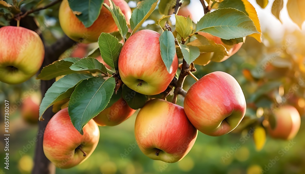 Ripe red apples on tree branch, Sunlit orchard, Vibrant green leaves, Ripe red apples on tree branch, Sunlit orchard, Vibrant green leaves,