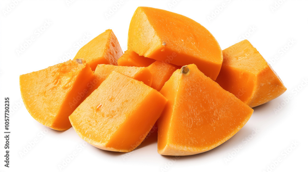 Close-up of sliced vibrant orange ripe mamey sapote fruit on a white background showcasing the texture and color of the fleshy interior. Close-up of sliced vibrant orange ripe mamey sapote fruit on a white background showcasing the texture and color of the fleshy interior.