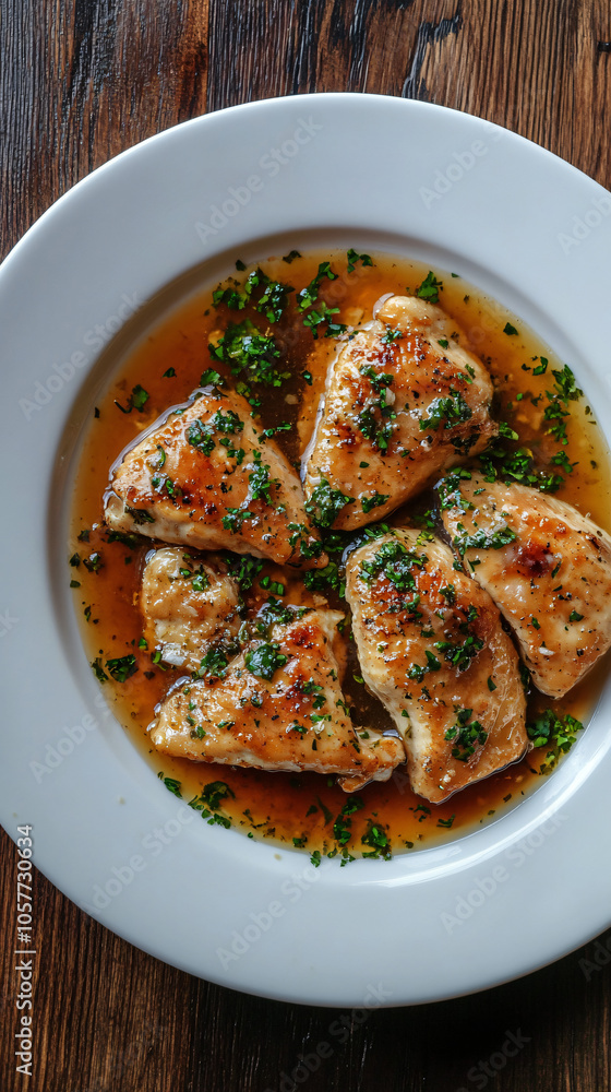 Savor the delectable sight of chicken piccata on a white plate with fresh parsley, showcased on a rustic wood table Savor the delectable sight of chicken piccata on a white plate with fresh parsley, showcased on a rustic wood table