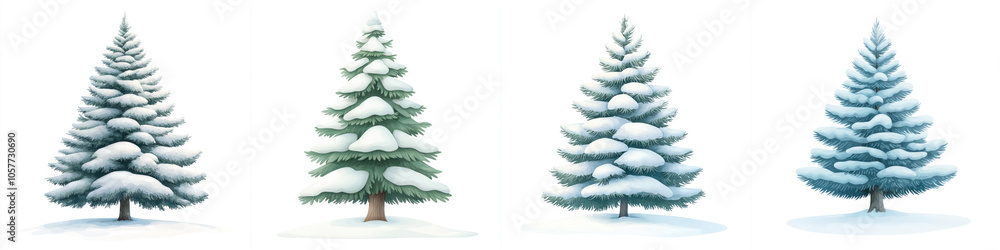 Four snow-covered trees on a white isolated background. Four snow-covered trees on a white isolated background.