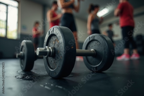 Fitness motivation and weight training in a gym setting with focus on dumbbells and group workout. photo