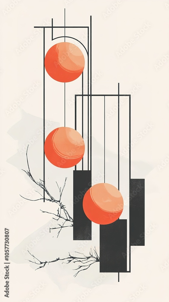 Geometric Abstract Art with Red Circles and Black Linework. Geometric Abstract Art with Red Circles and Black Linework.