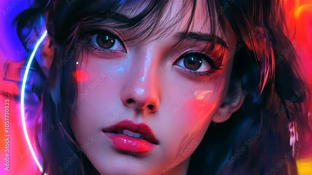 A close-up portrait of a woman with dark hair and large brown eyes, illuminated by colorful neon lights A close-up portrait of a woman with dark hair and large brown eyes, illuminated by colorful neon lights