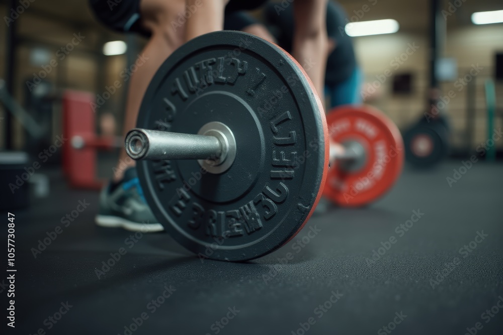 Naklejka premium Intense gym workout with close-up of barbell and weights on gym floor.