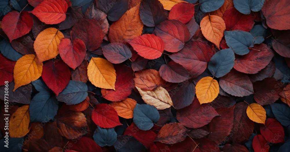 A beautiful array of fallen leaves covers the ground, showcasing an assortment of rich colors like red, orange, yellow, and deep blue, capturing the essence of autumn A beautiful array of fallen leaves covers the ground, showcasing an assortment of rich colors like red, orange, yellow, and deep blue, capturing the essence of autumn