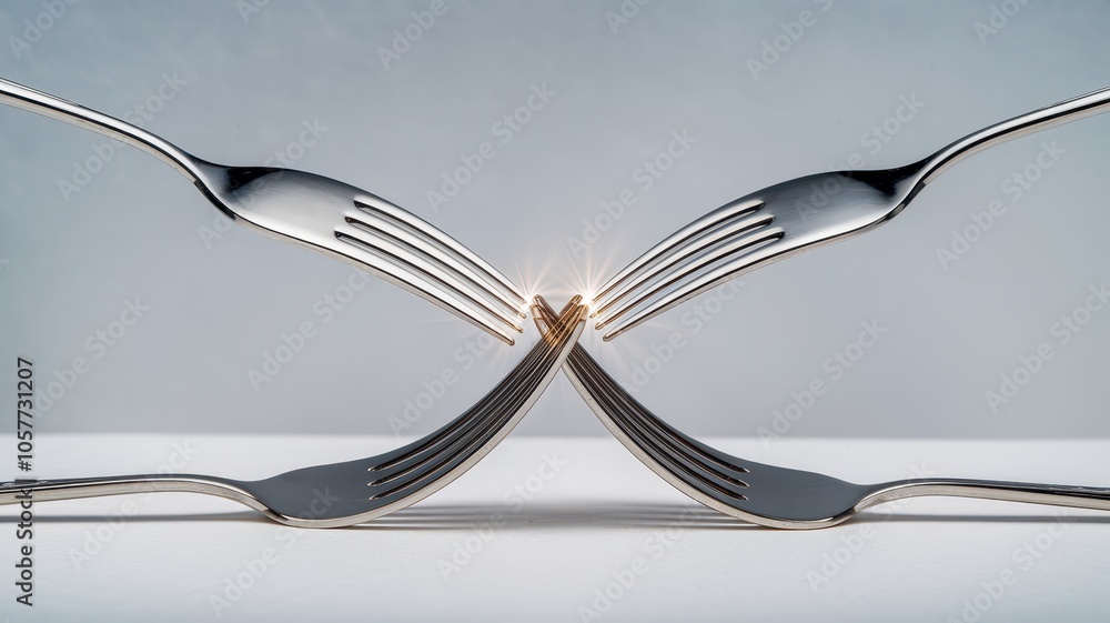 Title Intricate arrangement of silver forks and spoons forming bird-like pattern Title Intricate arrangement of silver forks and spoons forming bird-like pattern