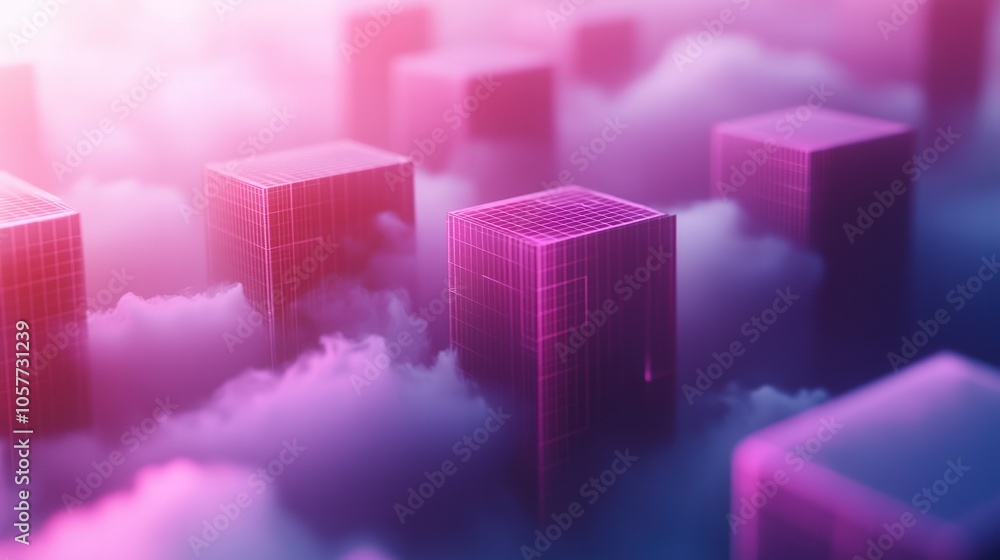Futuristic cityscape in clouds with abstract cubes and vibrant colors Futuristic cityscape in clouds with abstract cubes and vibrant colors