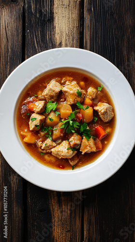 Chicken stew with potatoes, carrots and herbs is served in white plate on rustic wooden table